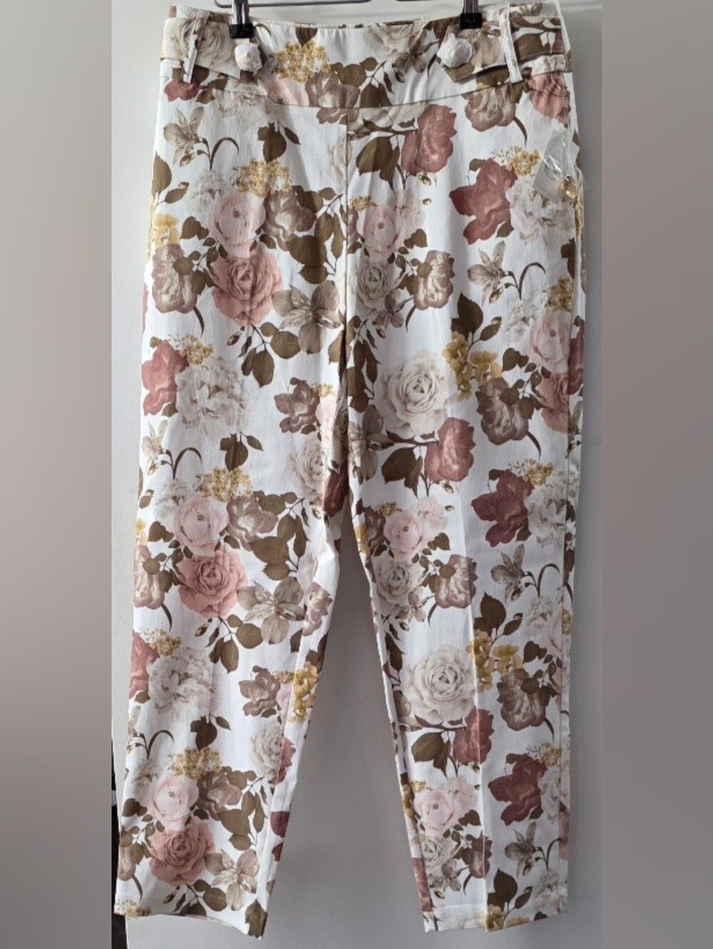 Cato White Floral Slim Hi-Rise Pants with Pink and Brown Roses